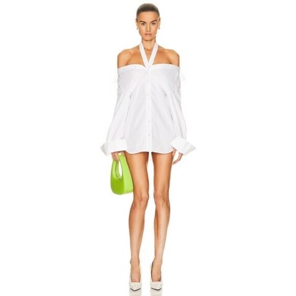 Alexander Wang 100% Cotton White Halter Off Shoulder Shirt Mini Dress Size 0 - Picture 2 of 10